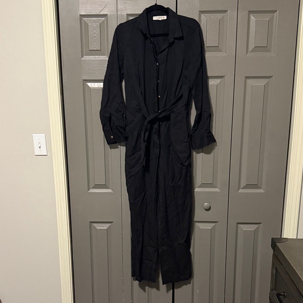 Black Twill Tie-Front Women's Jumpsuit